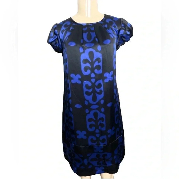 INC BLUE & BLACK SHIFT DRESS GLOSSY PURE SILK CAP SLEEVES MIDI NWT SIZE 6 - Picture 1 of 7